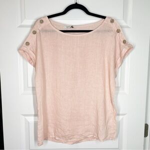 New Linen Luv Button Trim Sleeve Linen Top in Light Pink